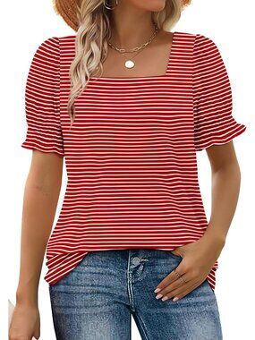 Women's 1 Red Stripe Square Neck Top Summer Casual Ruffle Trim Sleeve T Shirt
